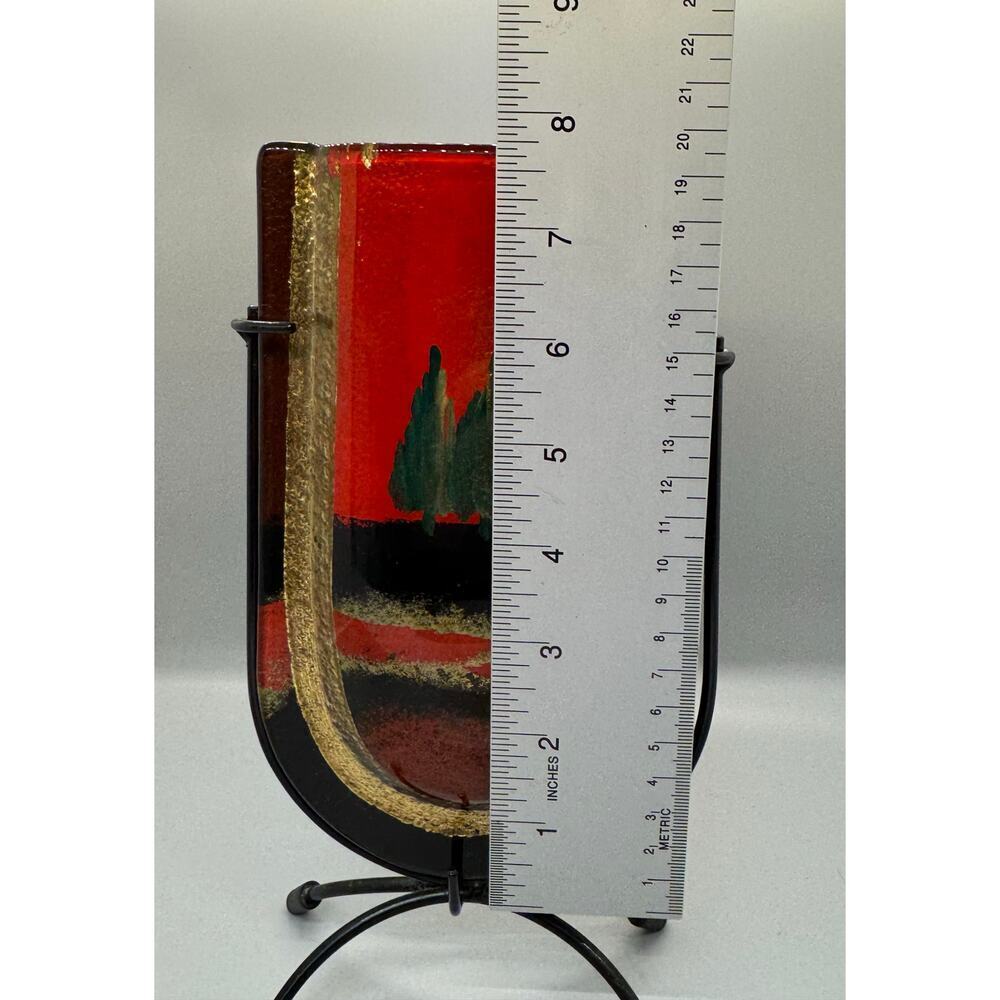 Vintage Jasmine Art Glass Vase in Metal Stand Black Gold Red Green Trees Vibrant - Picture 9 of 13